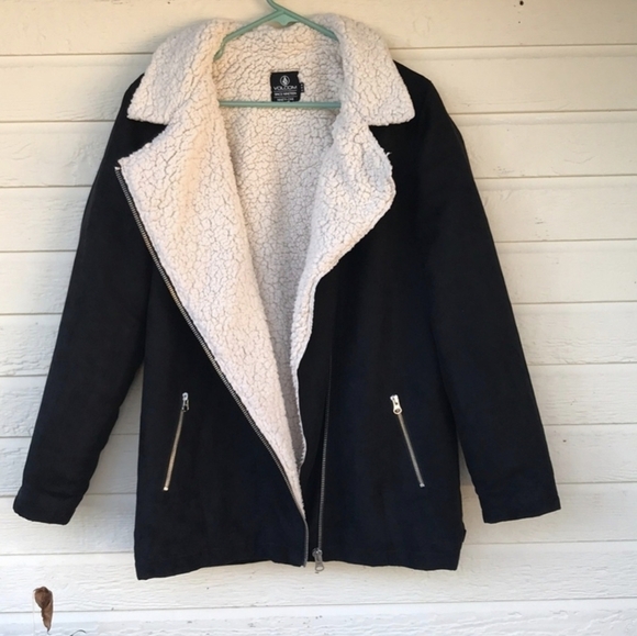 Volcom Sherpa lined Baia Park black zip warm outdoor Skater Girl jacket sz L - Picture 3 of 9